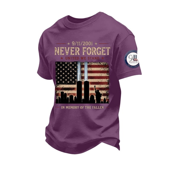 Patriot Day 9/11 Never Forget Men's T-Shirt - Vintage Text Graphic Crew Neck Pullover with Patriotic Theme for Remembrance Events Purple M