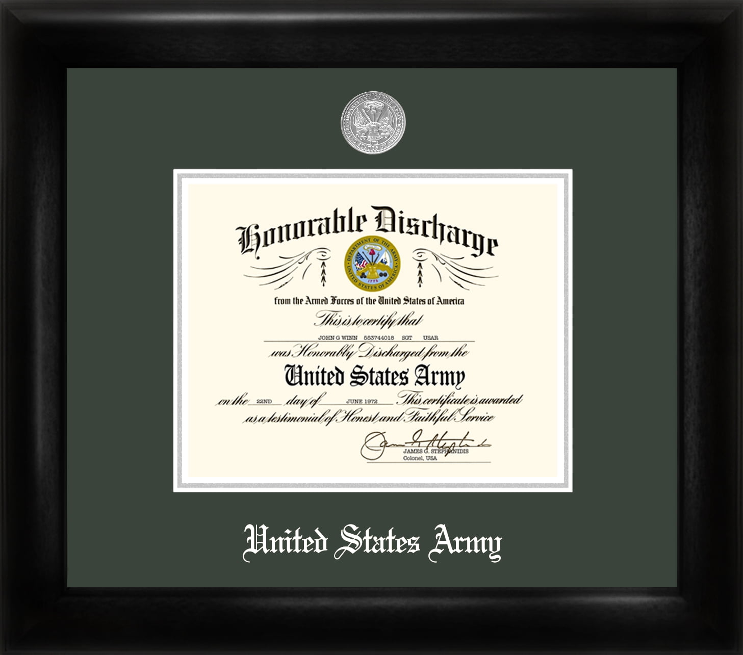 patriot campus images army discharge frame with silver medallion, 8.5" x 11", black