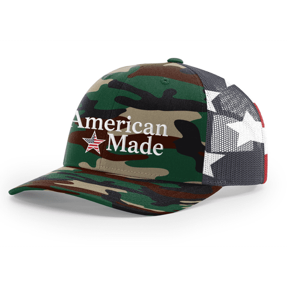 Patriot Pride American Made Patriotic Embroidered Trucker Hat - USA American Flag Star Embroidered Snapback Cap, Green Camo/American Flag