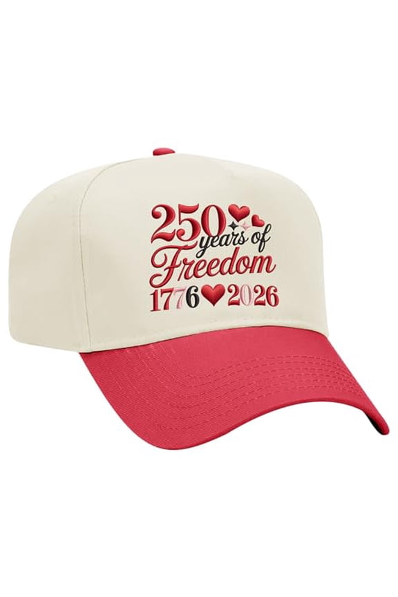Patriot Pride Embroidered Otto Hat 5 Panel Mid Profile – 250 Years of Freedom 1776–2026 Heart Script Design - Natural/Red