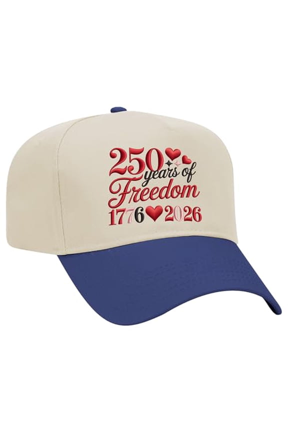 Patriot Pride Embroidered Otto Hat 5 Panel Mid Profile – 250 Years of Freedom 1776–2026 Heart Script Design - Natural/Royal
