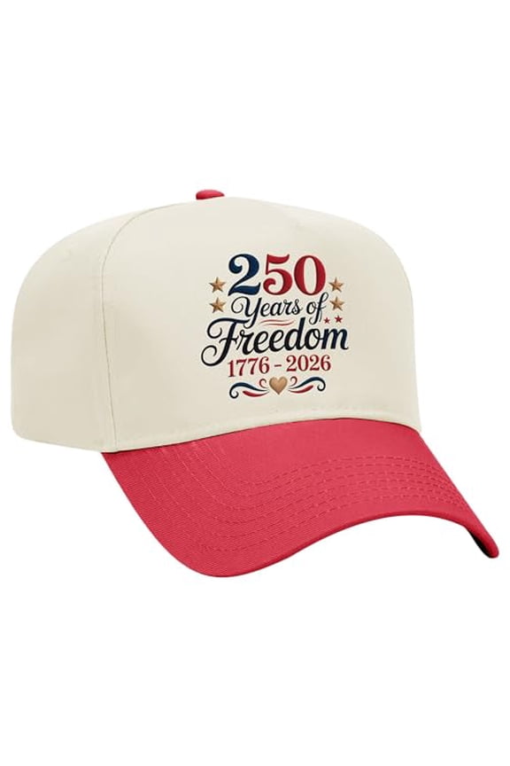 Patriot Pride Embroidered Otto Hat 5 Panel Mid Profile – America's 250 Years of Freedom 1776–2026 Design - Natural/Red