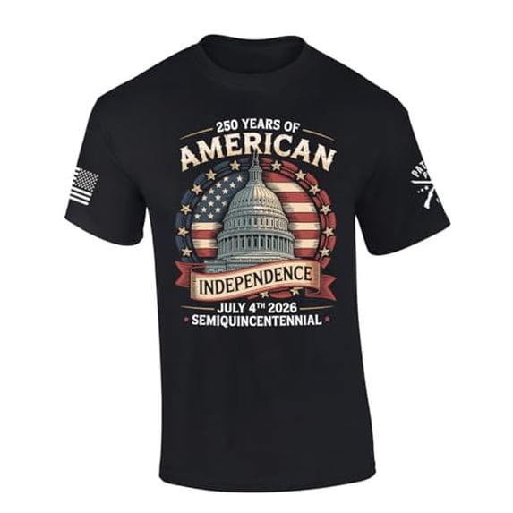 Patriot Pride Men's 250 Years of American Independence Semiquincentennial Short Sleeve T-Shirt, Patriotic Shirts for Men, Black-X-Large
