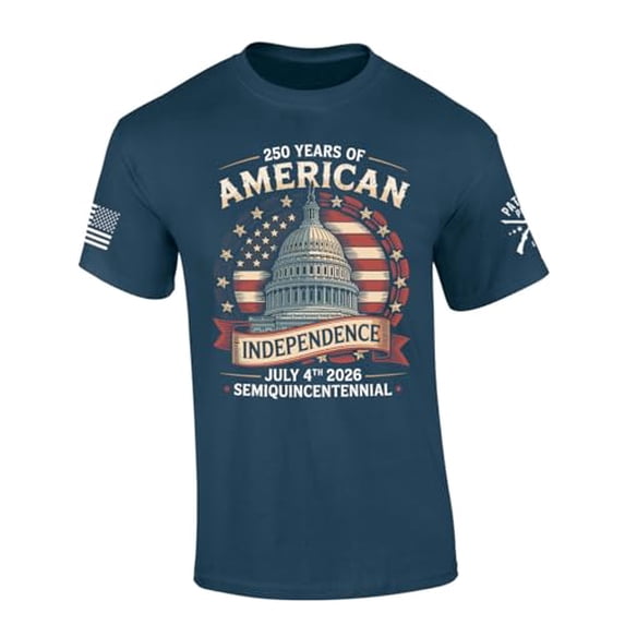 Patriot Pride Men's 250 Years of American Independence Semiquincentennial Short Sleeve T-Shirt, Patriotic Shirts for Men, Blue Dusk-X-Large