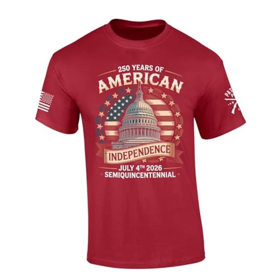 Patriot Pride Men's 250 Years of American Independence Semiquincentennial Short Sleeve T-Shirt, Patriotic Shirts for Men, Cardinal-Small