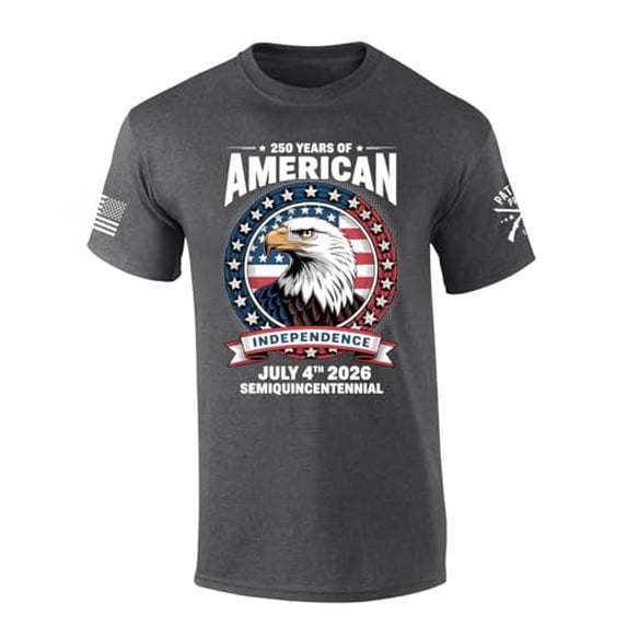 Patriot Pride Men's 250th Years of American Freedom USA Eagle Semiquincentennial Short Sleeve T-Shirt, Patriotic Shirts for Men, Heather Grey-4X-Large