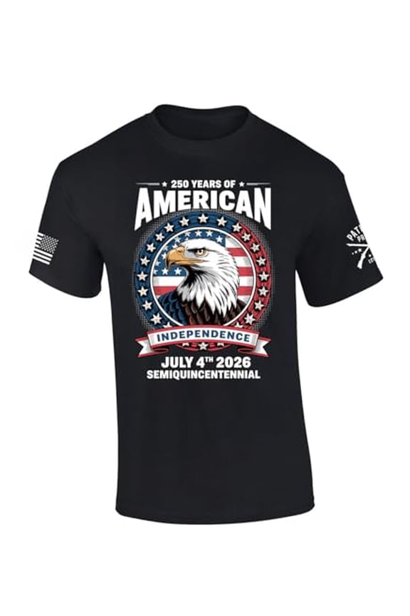 Patriot Pride Men's 250th Years of American Freedom USA Eagle Semiquincentennial Short Sleeve T-Shirt, Patriotic Shirts for Men, Black-XX-Large