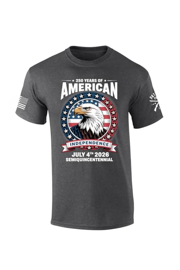 Patriot Pride Men's 250th Years of American Freedom USA Eagle Semiquincentennial Short Sleeve T-Shirt, Patriotic Shirts for Men, Heather Grey-Small