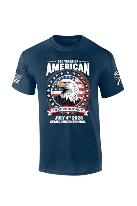 Patriot Pride Men's 250th Years of American Freedom USA Eagle Semiquincentennial Short Sleeve T-Shirt, Patriotic Shirts for Men, Heather Navy-X-Large