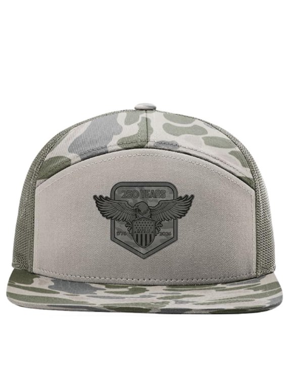 Patriot Pride Men's 7-Panel Snapback Mesh Trucker Hat - 250 Years 1776-2026 Eagle Wings Spread Leather Patch, Marsh Duck Camo/Loden
