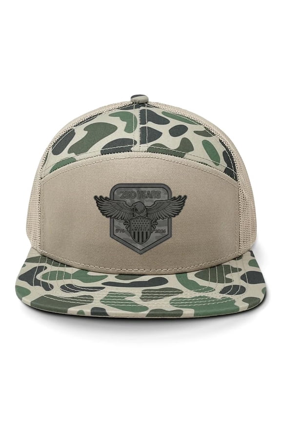 Patriot Pride Men's 7-Panel Snapback Mesh Trucker Hat - 250 Years 1776-2026 Eagle Wings Spread Leather Patch, Old's Cool Marsh/Sand