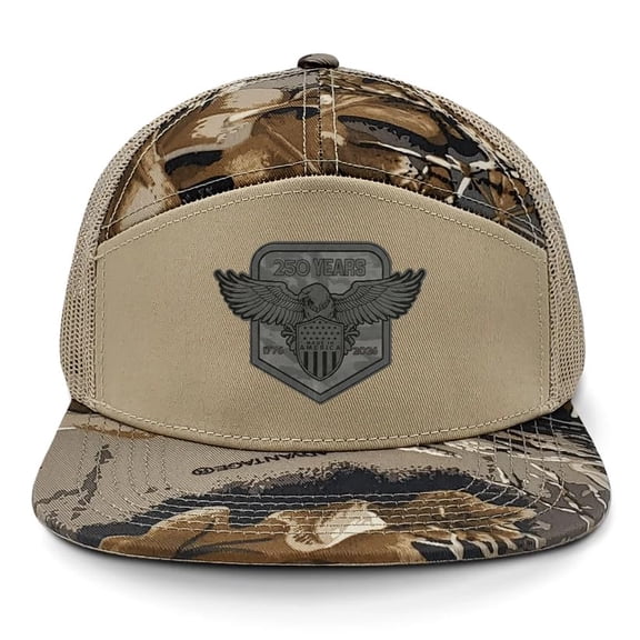 Patriot Pride Men's 7-Panel Snapback Mesh Trucker Hat - 250 Years 1776-2026 Eagle Wings Spread Leather Patch, RT Advantage
