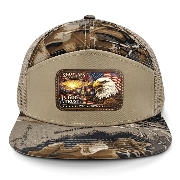 Patriot Pride Men's 7-Panel Snapback Mesh Trucker Hat - 250 Years of America, God We Trust '76-'26 Sublimated Patch, RT Advantage