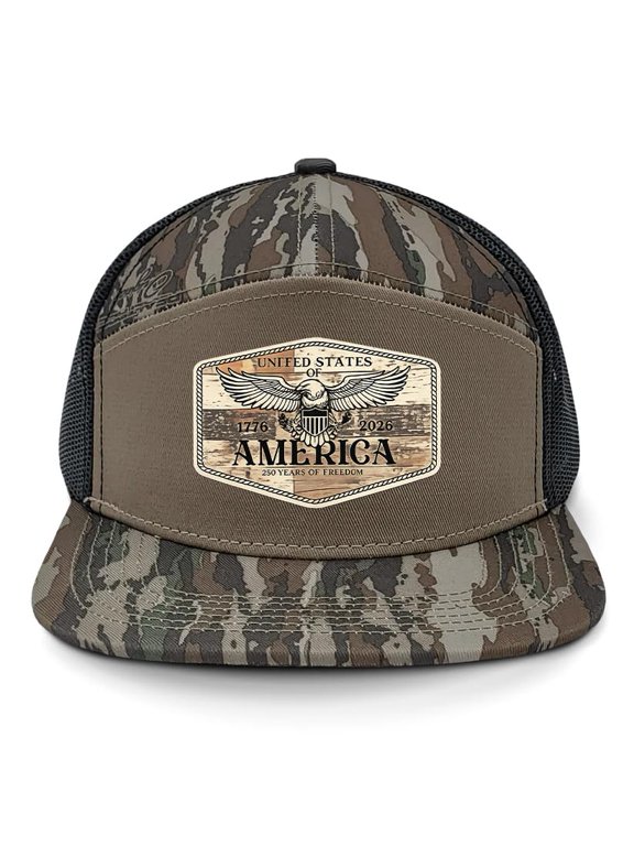 Patriot Pride Men's 7-Panel Snapback Mesh Trucker Hat - America 250 Year of Freedom Spread Eagle Wings Wood Patch, RT Original