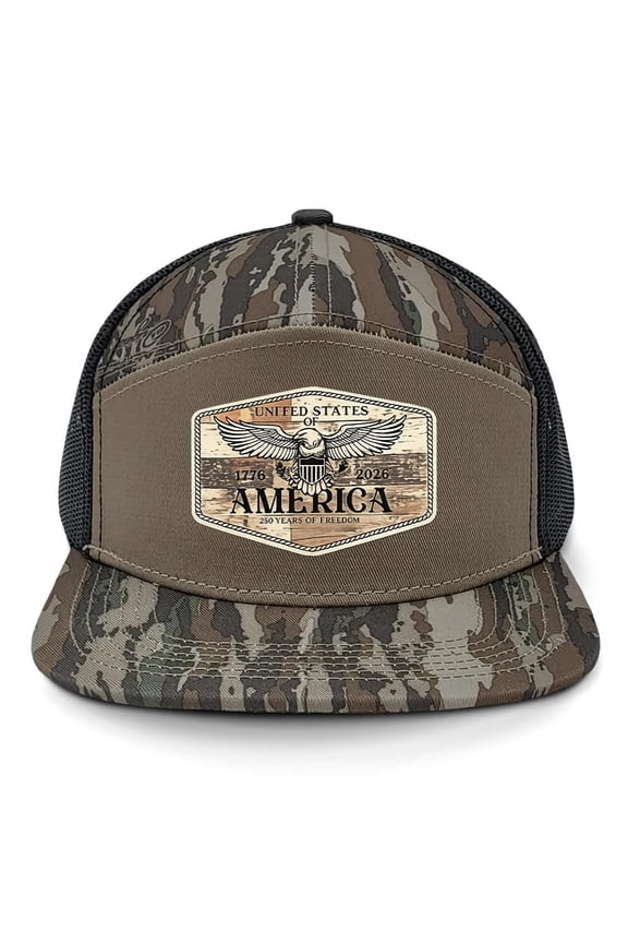 Patriot Pride Men's 7-Panel Snapback Mesh Trucker Hat - America 250 Year of Freedom Spread Eagle Wings Wood Patch, RT Original
