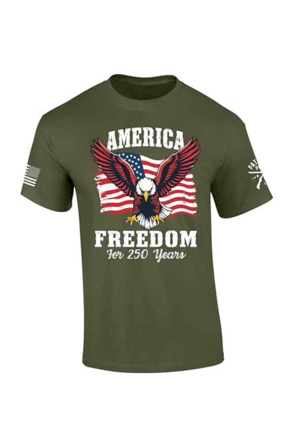 Patriot Pride Men's America Freedom for 250 Years USA Eagle Flag Short Sleeve T-Shirt, Patriotic Shirts for Men, Military Green-Medium
