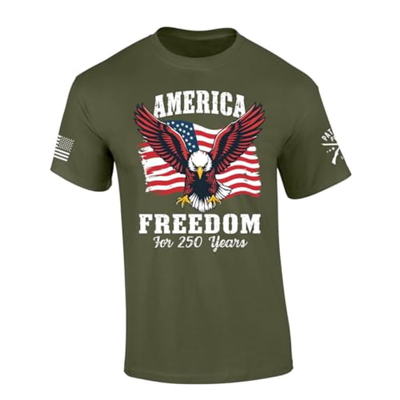 Patriot Pride Men's America Freedom for 250 Years USA Eagle Flag Short Sleeve T-Shirt, Patriotic Shirts for Men, Military Green-Small