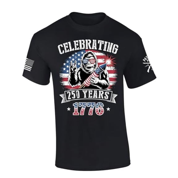 Patriot Pride Men's Bigfoot Celebrating 250 Years of America 1776 USA Flag Short Sleeve T-Shirt, Patriotic Shirts for Men, Black-X-Large