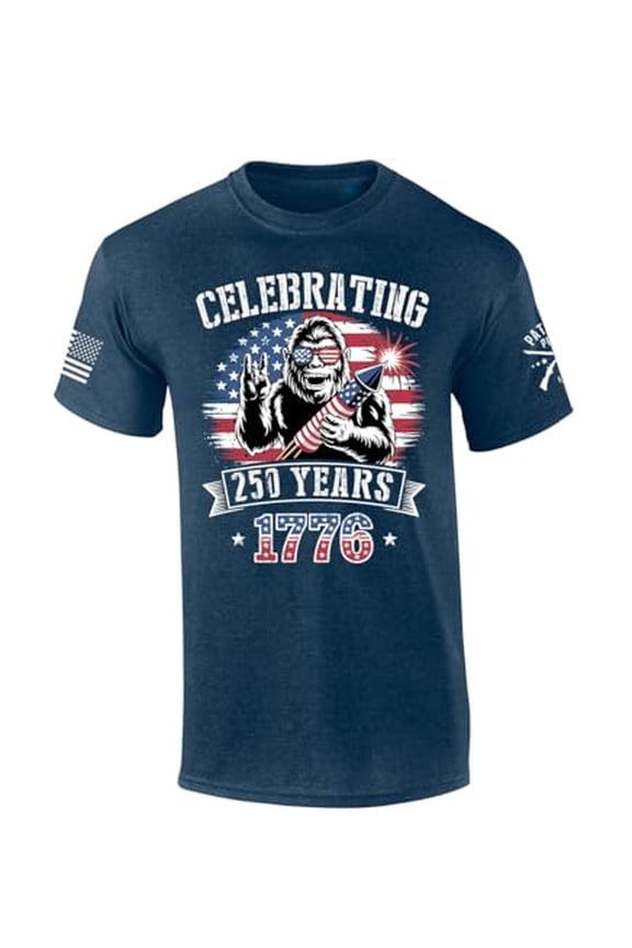 Patriot Pride Men's Bigfoot Celebrating 250 Years of America 1776 USA Flag Short Sleeve T-Shirt, Patriotic Shirts for Men, Heather Navy-Small