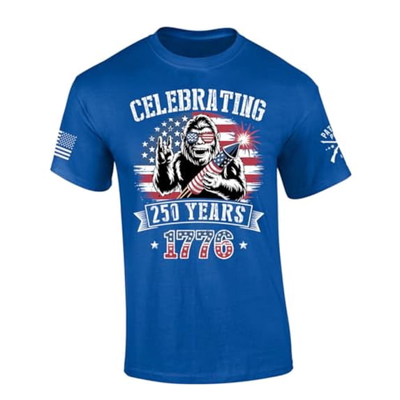 Patriot Pride Men's Bigfoot Celebrating 250 Years of America 1776 USA Flag Short Sleeve T-Shirt, Patriotic Shirts for Men, Royal-Small