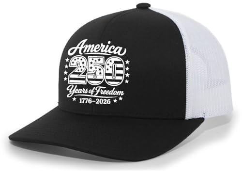 Patriot Pride Men’s Embroidered Snapback Mesh Trucker Hat – 250 Years of Freedom America Stars Design-Black/White