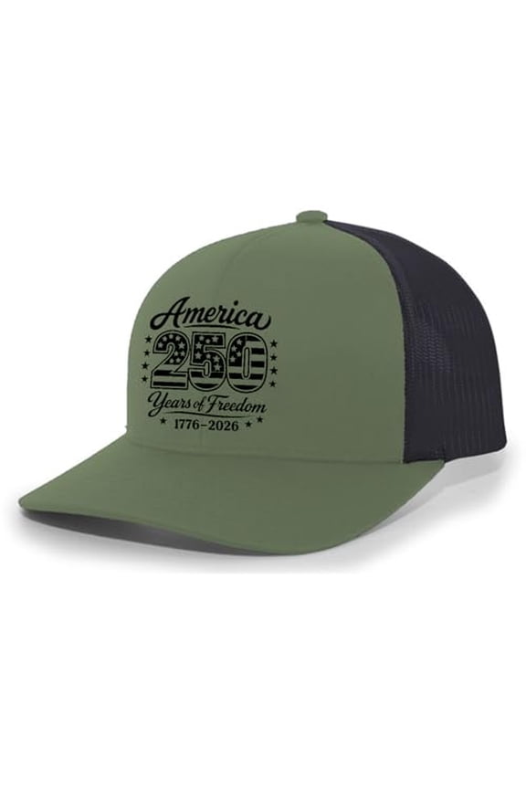 Patriot Pride Men’s Embroidered Snapback Mesh Trucker Hat – 250 Years of Freedom America Stars Design-Loden/Black