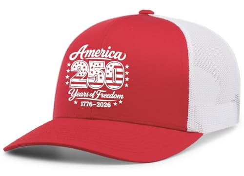 Patriot Pride Men’s Embroidered Snapback Mesh Trucker Hat – 250 Years of Freedom America Stars Design-Red/White
