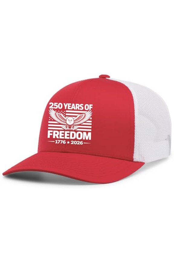Patriot Pride Men’s Embroidered Snapback Mesh Trucker Hat – 250 Years of Freedom American Flag Eagle Design-Red/White
