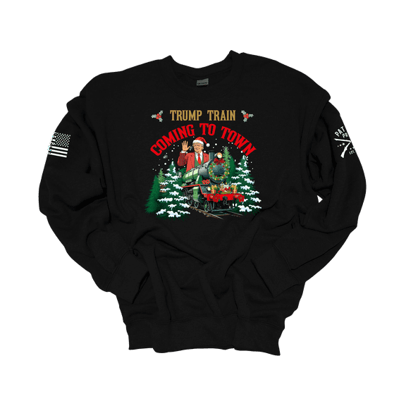 Patriot Pride Men's Funny Christmas Trump Train Is Coming To Town Crewneck Sweatshirt-Black-5X-Large