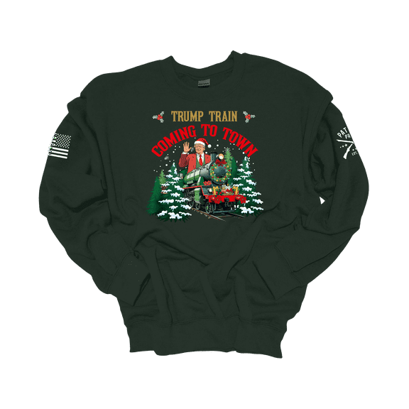 Patriot Pride Men's Funny Christmas Trump Train Is Coming To Town Crewneck Sweatshirt-Forest Green-5X-Large