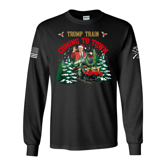 Patriot Pride Men's Funny Christmas Trump Train Is Coming To Town Long Sleeve T-Shirt-Black-Large