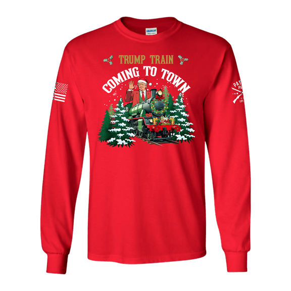 Patriot Pride Men's Funny Christmas Trump Train Is Coming To Town Long Sleeve T-Shirt-Red-4X-Large
