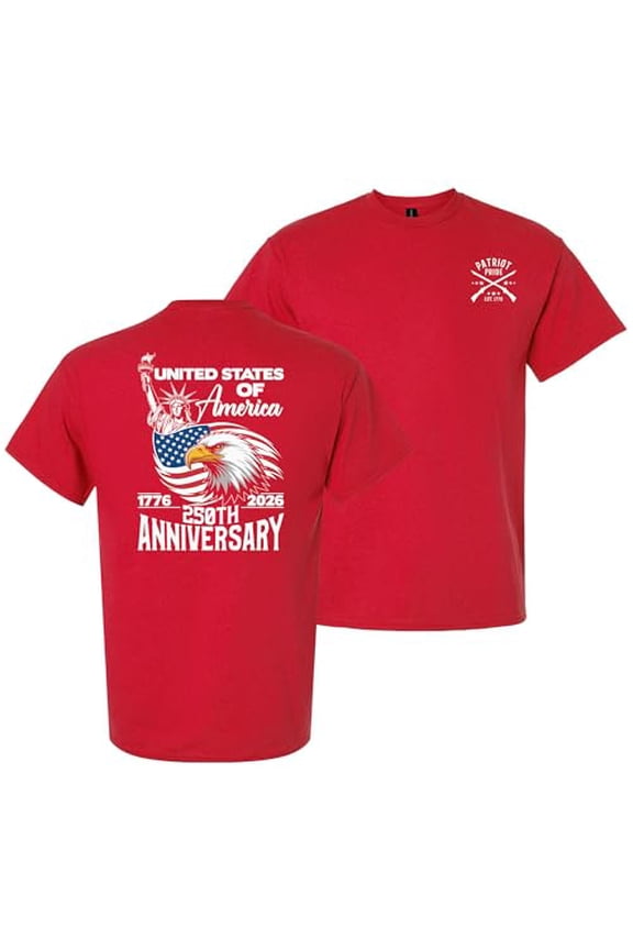 Patriot Pride Men’s Gildan Graphic T-Shirt – United States of America 250th Anniversary 1776–2026 Eagle Design -Red-Large