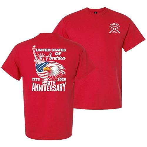 Patriot Pride Men’s Gildan Graphic T-Shirt – United States of America 250th Anniversary 1776–2026 Eagle Design -Red-Small