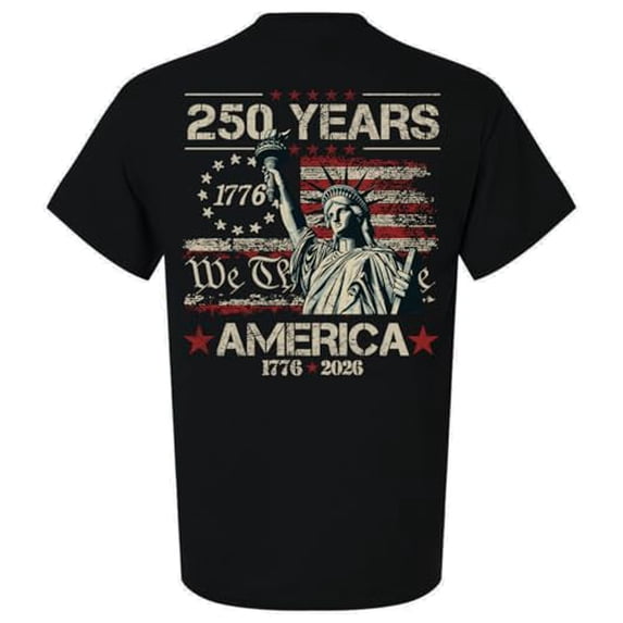 Patriot Pride Men's Graphic T-Shirt - 250 Years, We The People, Lady Liberty with American Flag Background Design-Black-Small