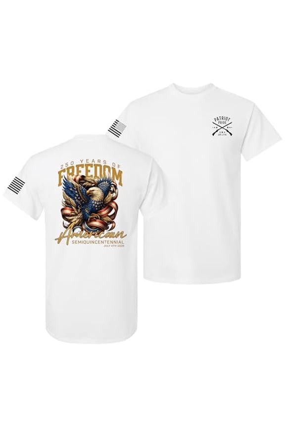 Patriot Pride Men’s Graphic T-Shirt – 250 Years of American Freedom, Eagle & Ribbon Design, White, Small