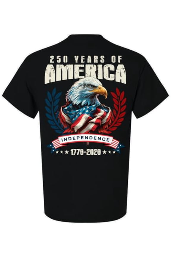 Patriot Pride Men's Graphic T-Shirt - 250 Years of American Independence, Eagle Wrapped in Flag Design-Black-Small