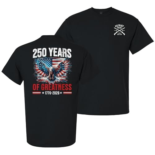Patriot Pride Men’s Graphic T-Shirt – 250 Years of Greatness Eagle & American Flag Semiquincentennial Tribute Design, Black, 6XL