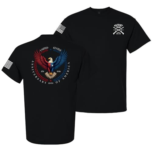 Patriot Pride Men’s Graphic T-Shirt – 250th Anniversary of America, Eagle & Laurel Crest Design, Black, 5X-Large