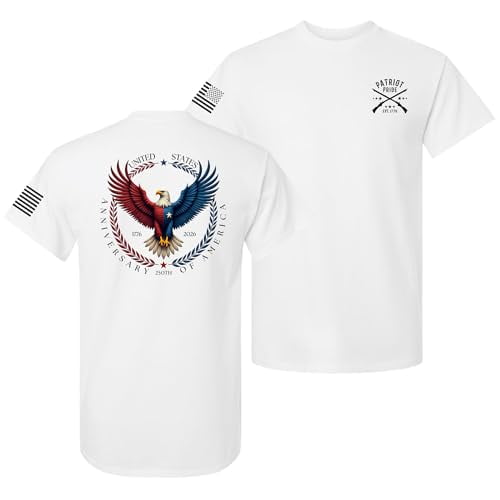Patriot Pride Men’s Graphic T-Shirt – 250th Anniversary of America, Eagle & Laurel Crest Design, White, Small