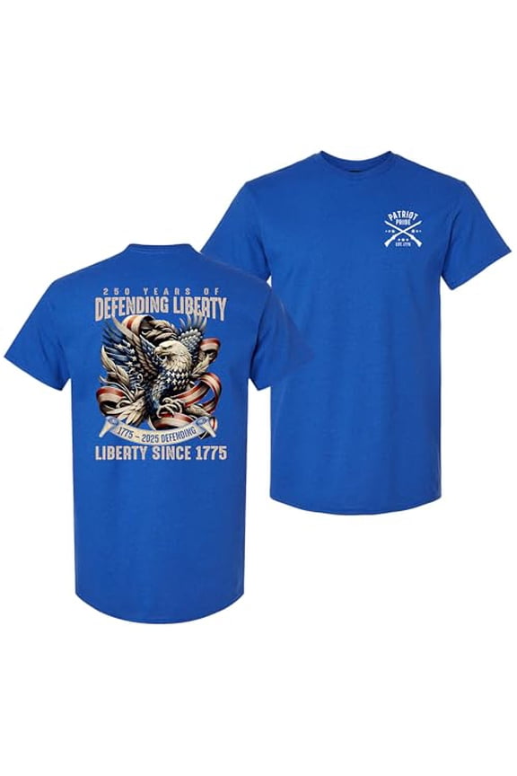 Patriot Pride Men’s Graphic T-Shirt – 250th Anniversary of Defending Liberty, Eagle in Ribbon Design, Antique Royal, X-Large