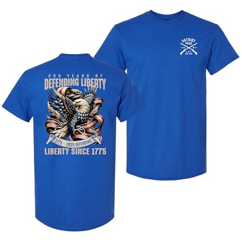 Patriot Pride Men’s Graphic T-Shirt – 250th Anniversary of Defending Liberty, Eagle in Ribbon Design, Antique Royal, X-Large