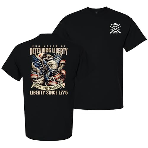 Patriot Pride Men’s Graphic T-Shirt – 250th Anniversary of Defending Liberty, Eagle in Ribbon Design, Black, Small