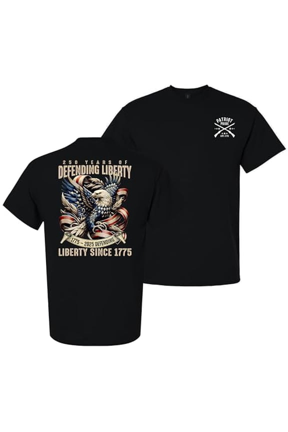 Patriot Pride Men’s Graphic T-Shirt – 250th Anniversary of Defending Liberty, Eagle in Ribbon Design, Black, Small