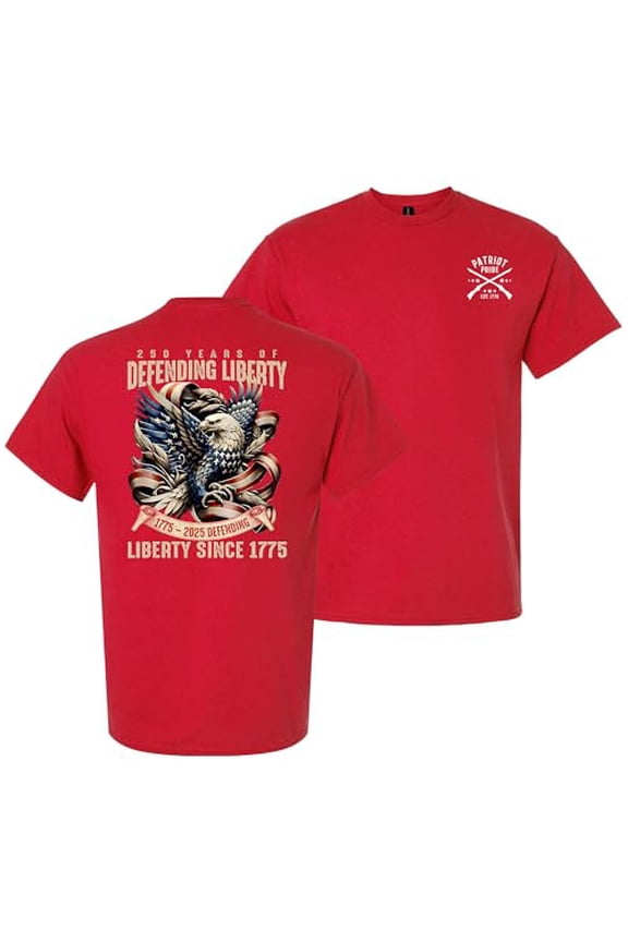 Patriot Pride Men’s Graphic T-Shirt – 250th Anniversary of Defending Liberty, Eagle in Ribbon Design, Red, Small