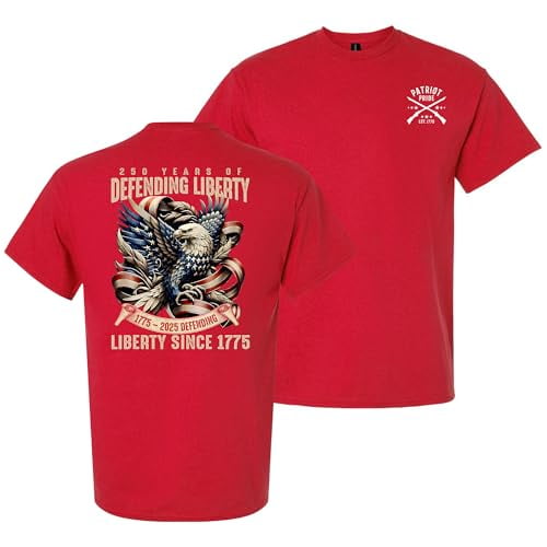 Patriot Pride Men’s Graphic T-Shirt – 250th Anniversary of Defending Liberty, Eagle in Ribbon Design, Red, Small