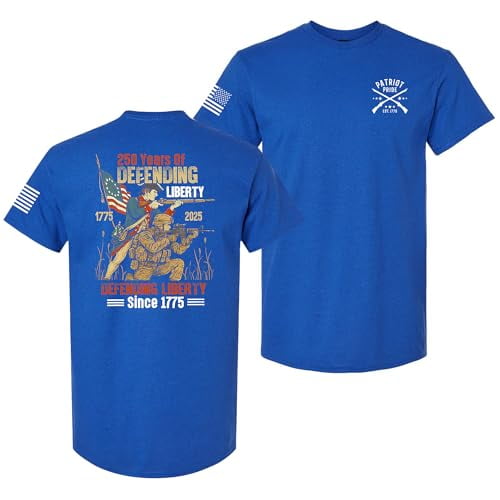 Patriot Pride Men’s Graphic T-Shirt – Defending Liberty Since 1775, 250th Anniversary of Military Design, Antique Royal, Small