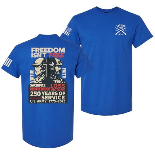 Patriot Pride Men's Graphic T-Shirt – “Freedom Isn’t Free” 250th Anniversary of US Army Service & Flag Design, Antique Royal, 4X-Large