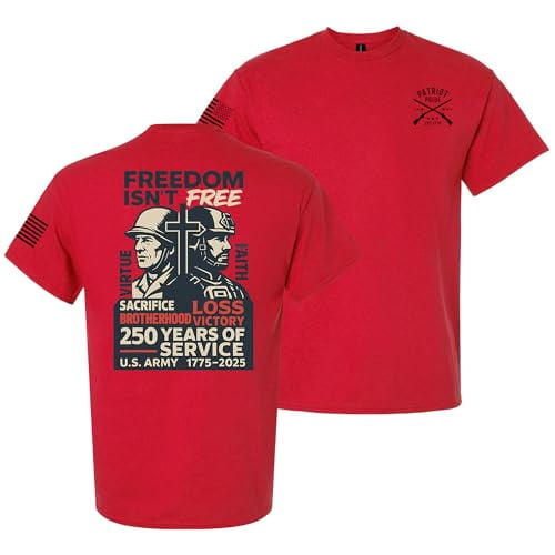 Patriot Pride Men's Graphic T-Shirt – “Freedom Isn’t Free” 250th Anniversary of US Army Service & Flag Design, Red, Small