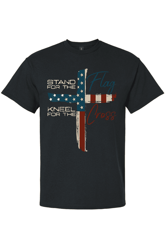 Patriot Pride Men's Graphic T-Shirt - Stand for the Flag, Kneel for the Cross, American Flag Cross Design-Black-large